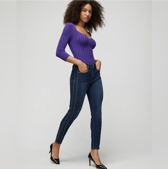 WHBM Women's High-Rise Sculpt Pleated Stripe Detail Skinny Ankle Stretch Jeans 4 - Picture 1 of 16